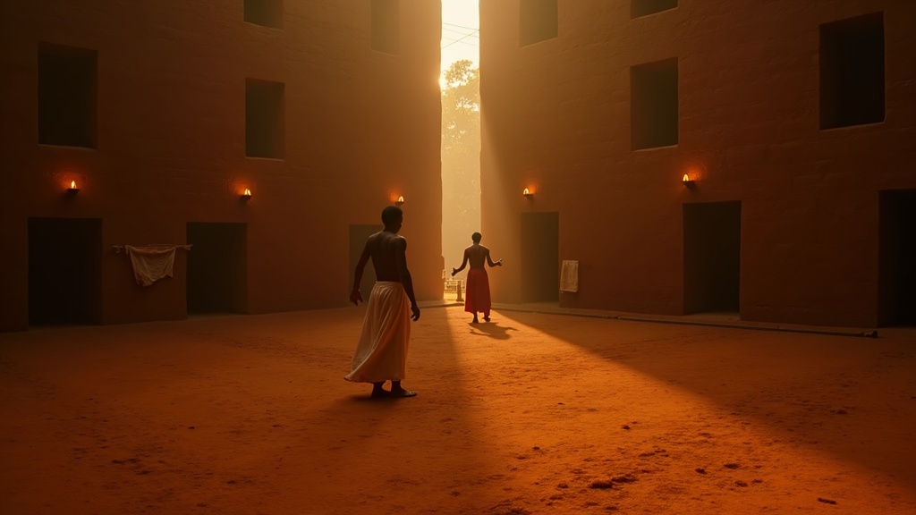 Traditional Kalari training pit at dawn in Kerala — placeholder image