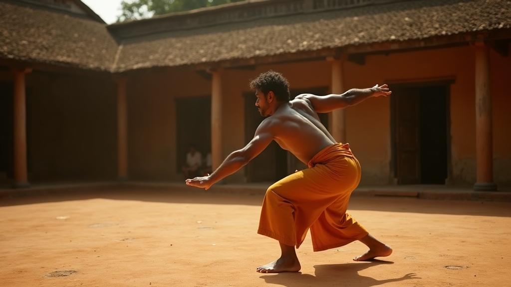 Placeholder — to be replaced by FAL-generated image of a Kalaripayattu practitioner in low stance inside a traditional kalari
