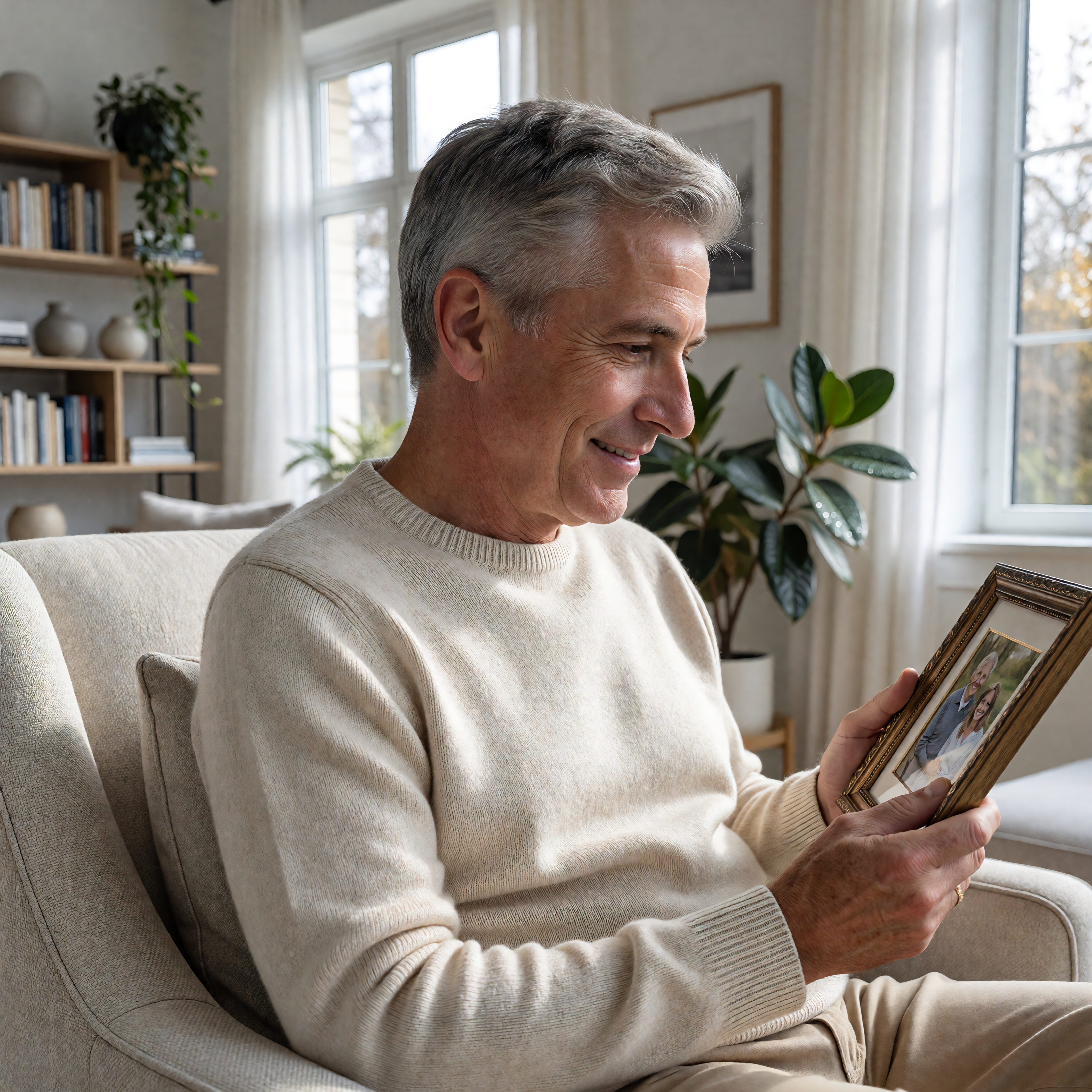 Man reviewing a family photo at home while thinking about final expense planning and protecting loved ones from future costs