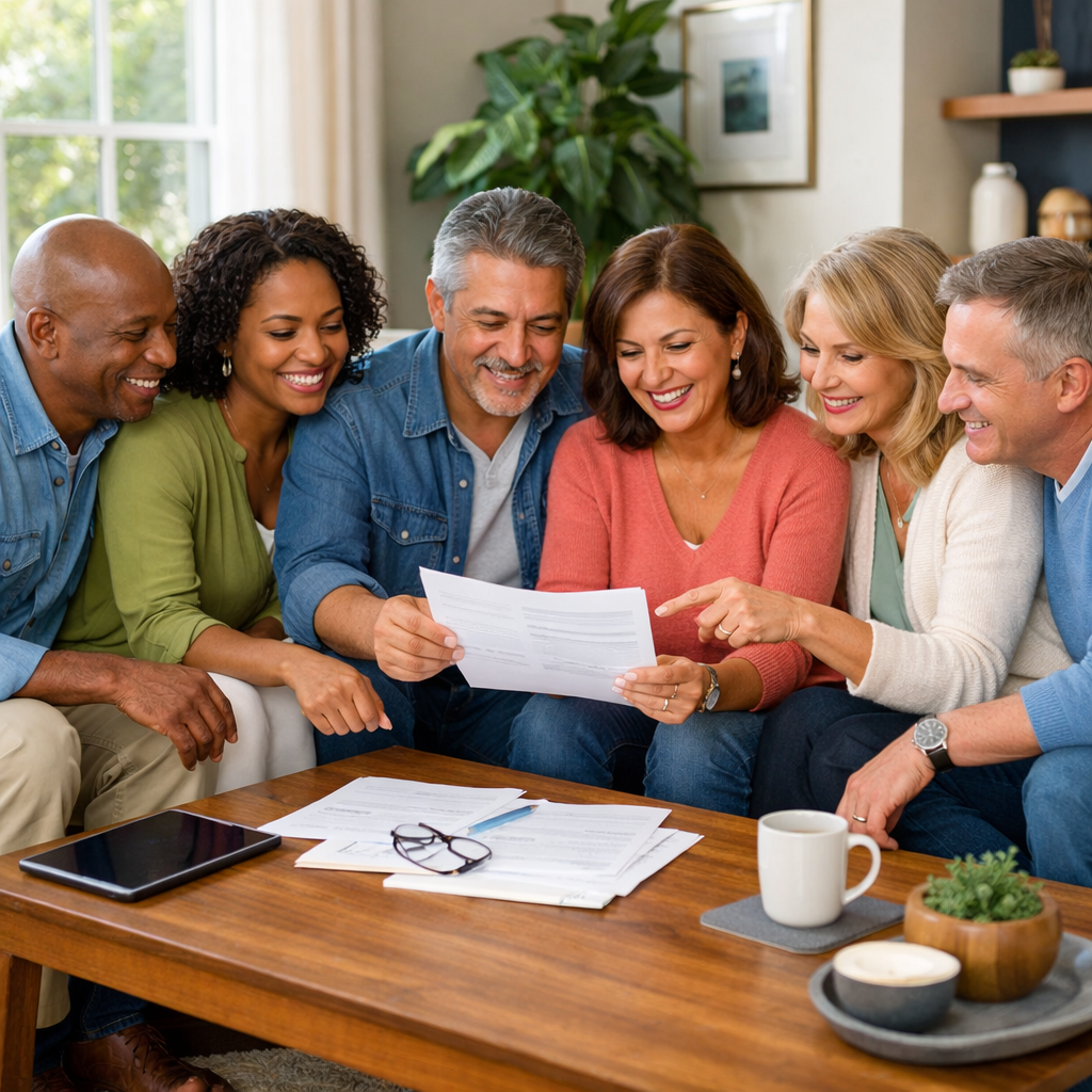 Diverse families reviewing documents together in a modern home environment representing trust, privacy protection, and responsible financial planning