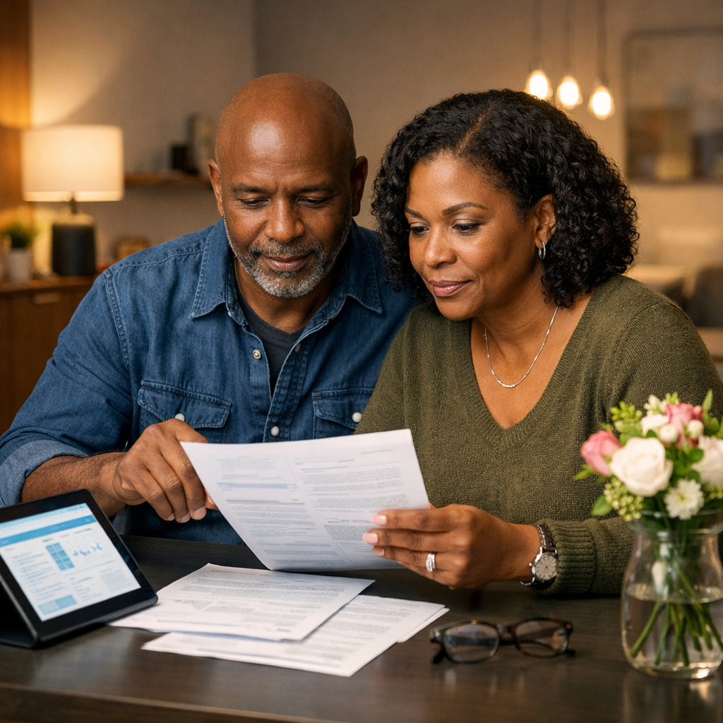 Couple reviewing important documents together representing understanding financial terms and conditions clearly