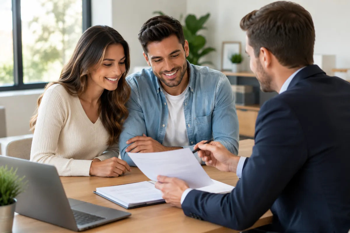 Young couple reviewing affordable Term Life insurance quote with professional advisor inside modern Germantown Tennessee office, discussing family financial protection, mortgage coverage, and future income security.