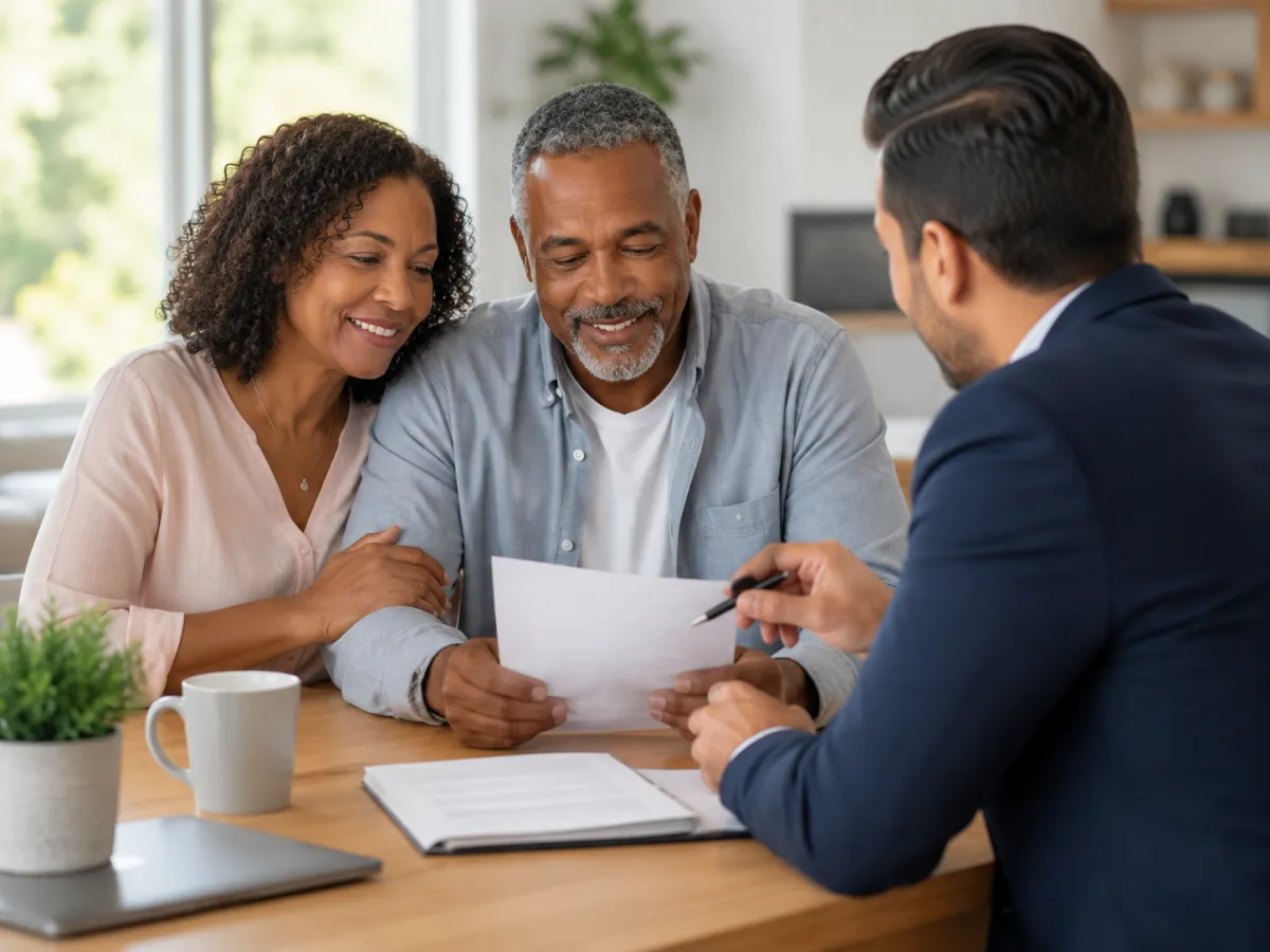 Middle-aged couple reviewing affordable Term Life insurance policy with professional advisor inside modern East Memphis Tennessee office, discussing long-term family protection, income replacement, and financial security planning.
