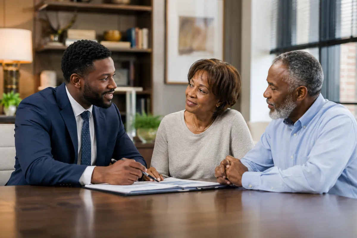 Friendly Term Life insurance consultation between Memphis family and licensed insurance agent inside warm modern office setting.