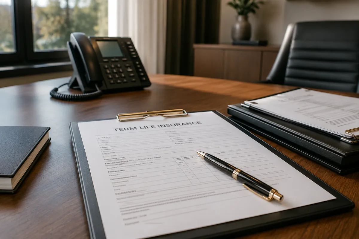 Organized Term Life insurance paperwork and financial planning documents on desk inside professional Germantown Tennessee insurance office.