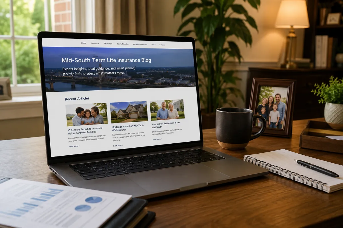 Laptop displaying Mid-South Term Life insurance blog inside modern Germantown Tennessee home office with financial planning workspace.