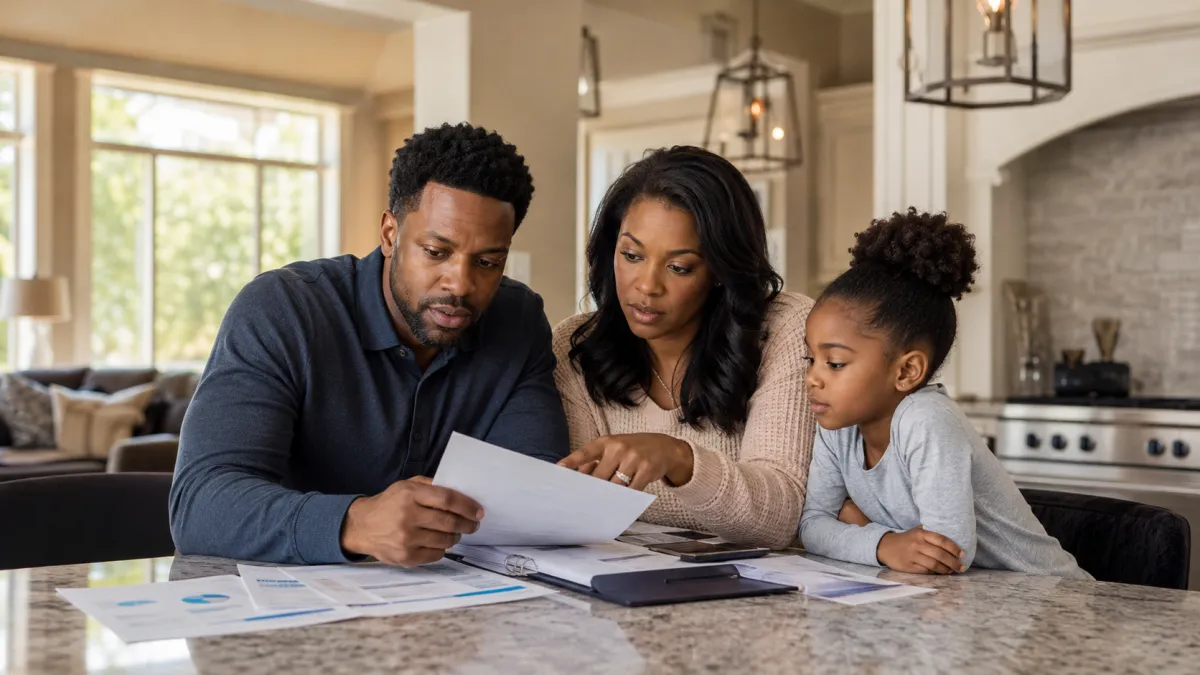 Young family reviewing mortgage and Term Life Insurance planning inside upscale Germantown Tennessee home