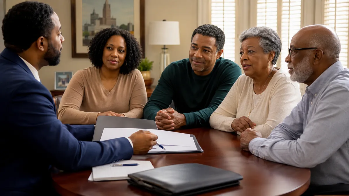 Adult children meeting with their parents and an insurance advisor to discuss Final Expense Insurance