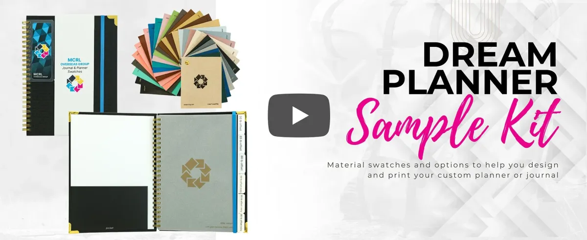 Video: Dream Planner Sample Kit – material swatches and options to help you design and print your custom planner or journal.