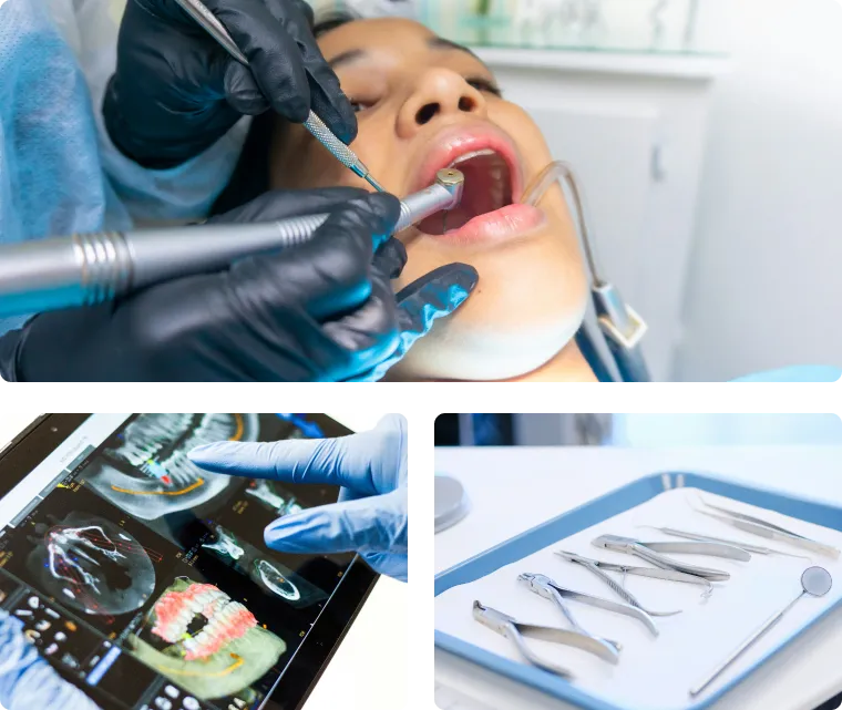 triptych of a dental patient and dental tools