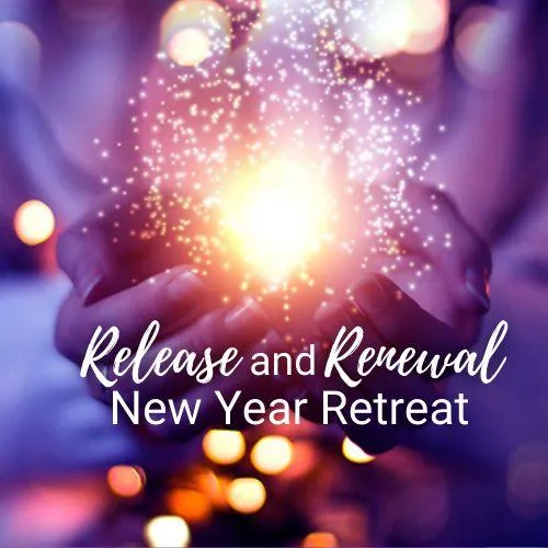 Magical light between a person's hands with text, Release and Renewal New Year Retreat