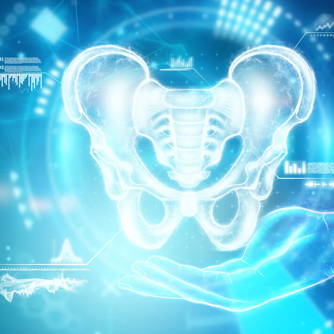 xray of a  pelvic sacrum tailbone with a healing hand underneath