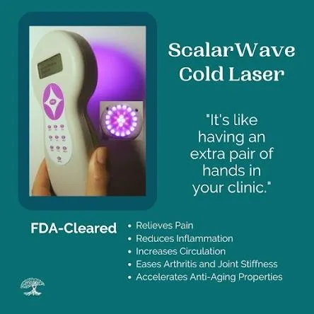 Images of fingers holding a ScalarWave Cold Laser, diodes glowing, HFC logo. Text - ScalarWave Cold Laser, It's like having an extra pair of hands in your clinic, FDA-Cleared, Relieves pain, Reduces Inflammation, Increases Circulation, Eases Arthritis and Joint Stiffness, Accelerates Anti-Aging Properties.