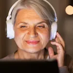 A matre woman grins at a screen while wearing headphones.