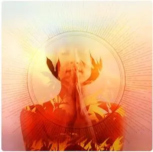 Artistic photo illustration of a sun halo and flowers in colors evoking fire, earth and sunshine superimposed over a woman with eyes closed, hands up as in prayer, used with permission from The Shift Network.