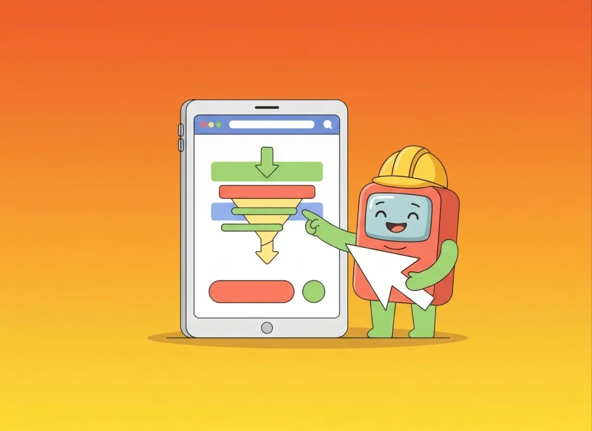 Playful illustration of a friendly funnel buddy character optimizing a website