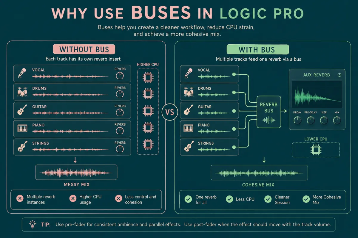 Logic Pro Buses Explained for Beginners: Sends, Aux Tracks and Reverb Buses