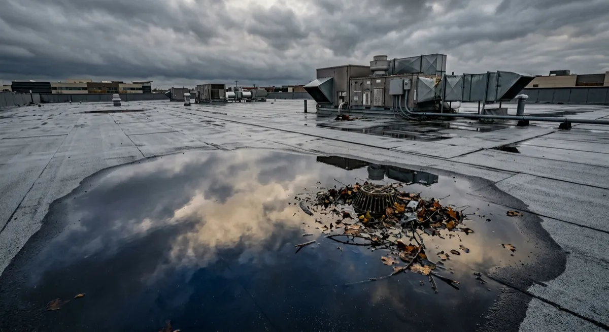 Ponding water standing on a flat commercial roof after rain