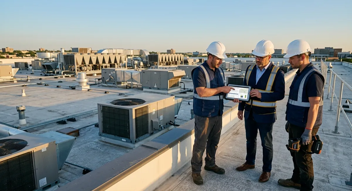Facility manager inspecting a commercial roof as part of a proactive roof maintenance program