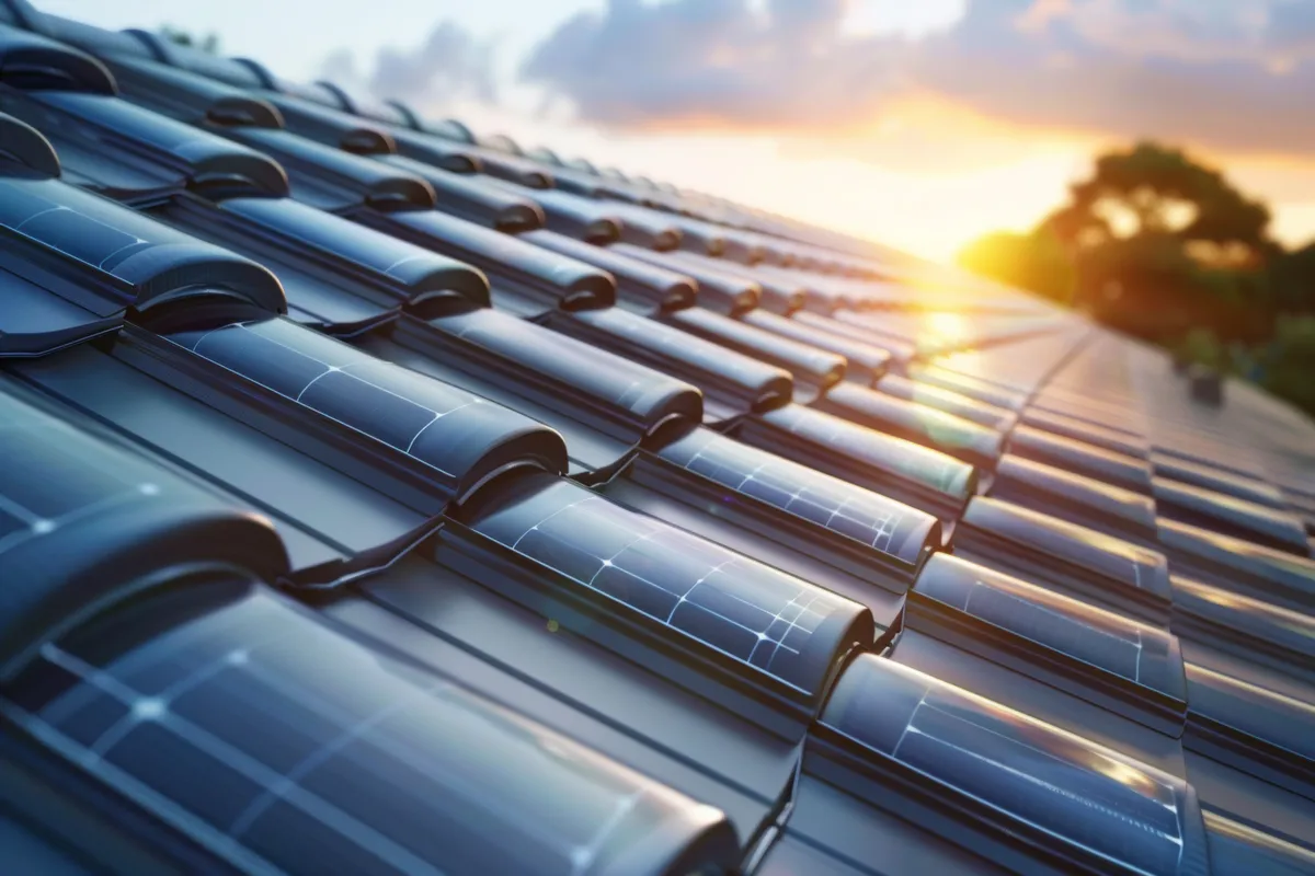Solar roof tiles with built-in photovoltaic cells on a roof at sunset