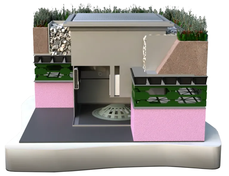 Cutaway illustration of a blue roof flow-control drain with a roof drain below, insulation, drainage layers, gravel, and planted edges