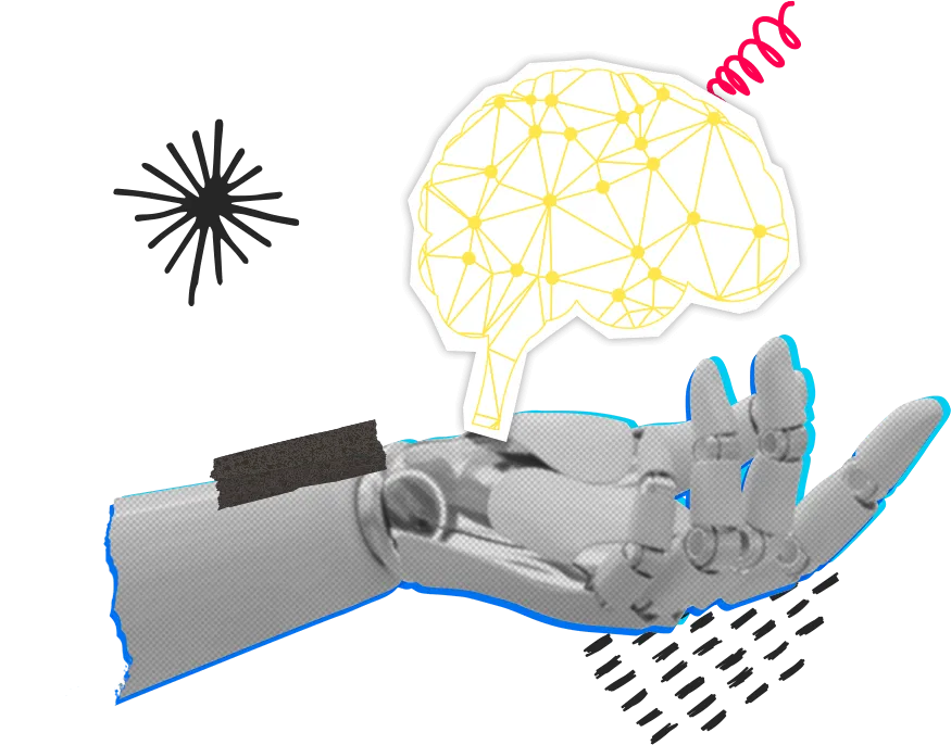 A robot hand reaches out, holding a neural diagram of a human brain.