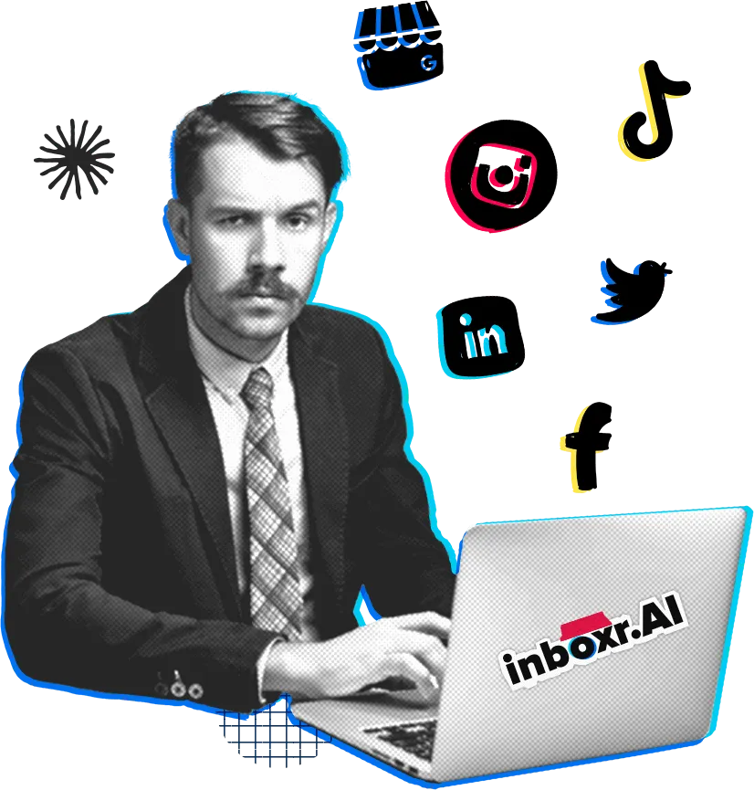 A man with a mustache using a laptop with various social media logos in the background.