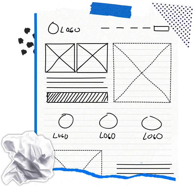 A hand-drawn blueprint of a website homepage on a piece of lined paper.