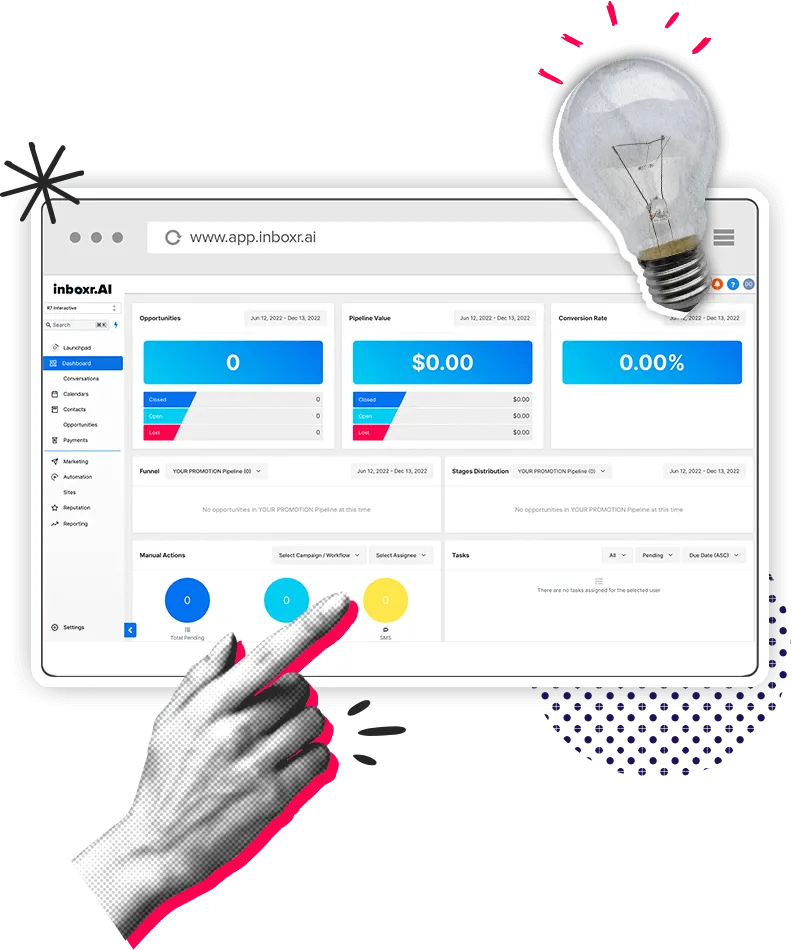 A hand pointing to a screenshot of the InboxrAI software dashboard.