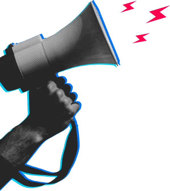 A hand holding a megaphone with red lighting bolts coming out.