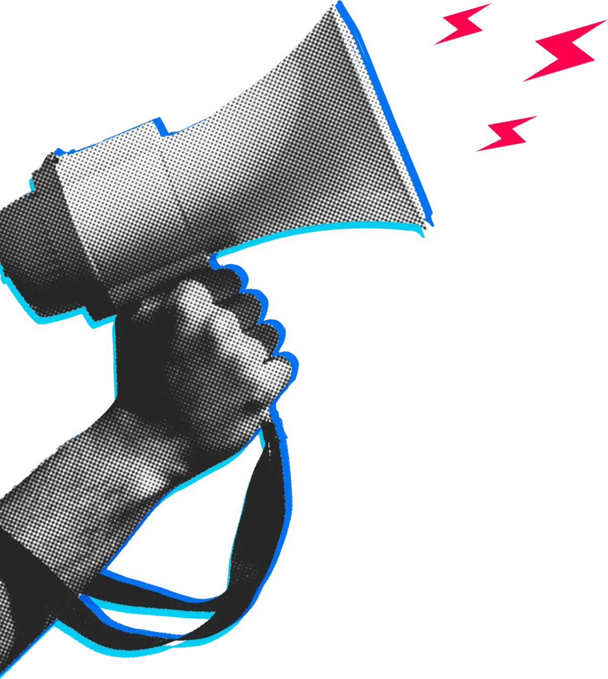 A hand holding a megaphone with red lighting bolts coming out.