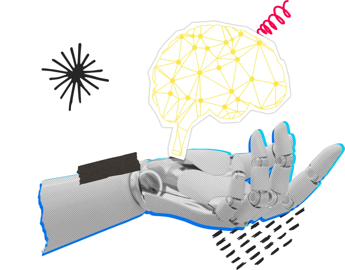 A robot hand reaches out, holding a neural diagram of a human brain.