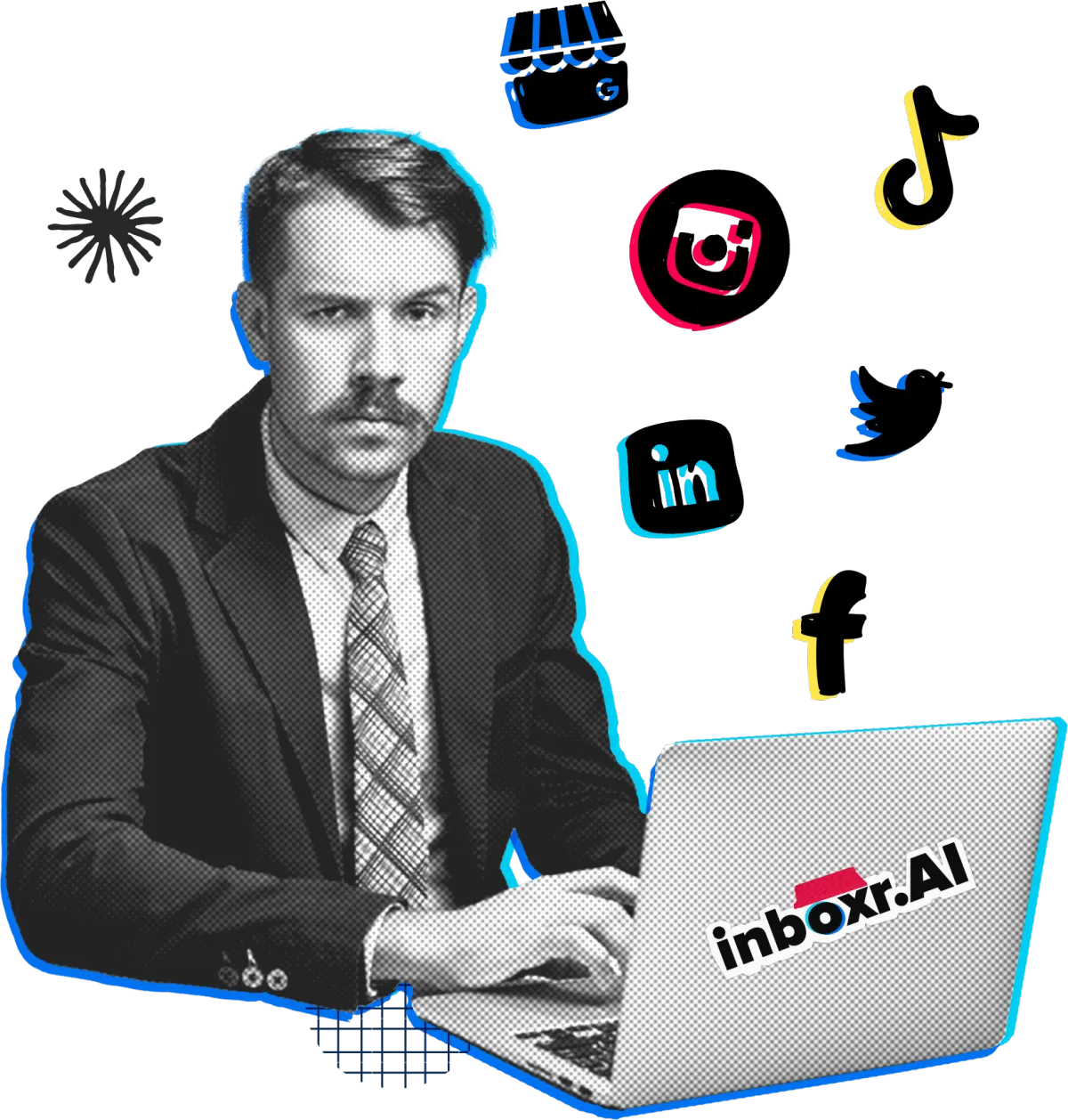 A man with a mustache using a laptop with various social media logos in the background.