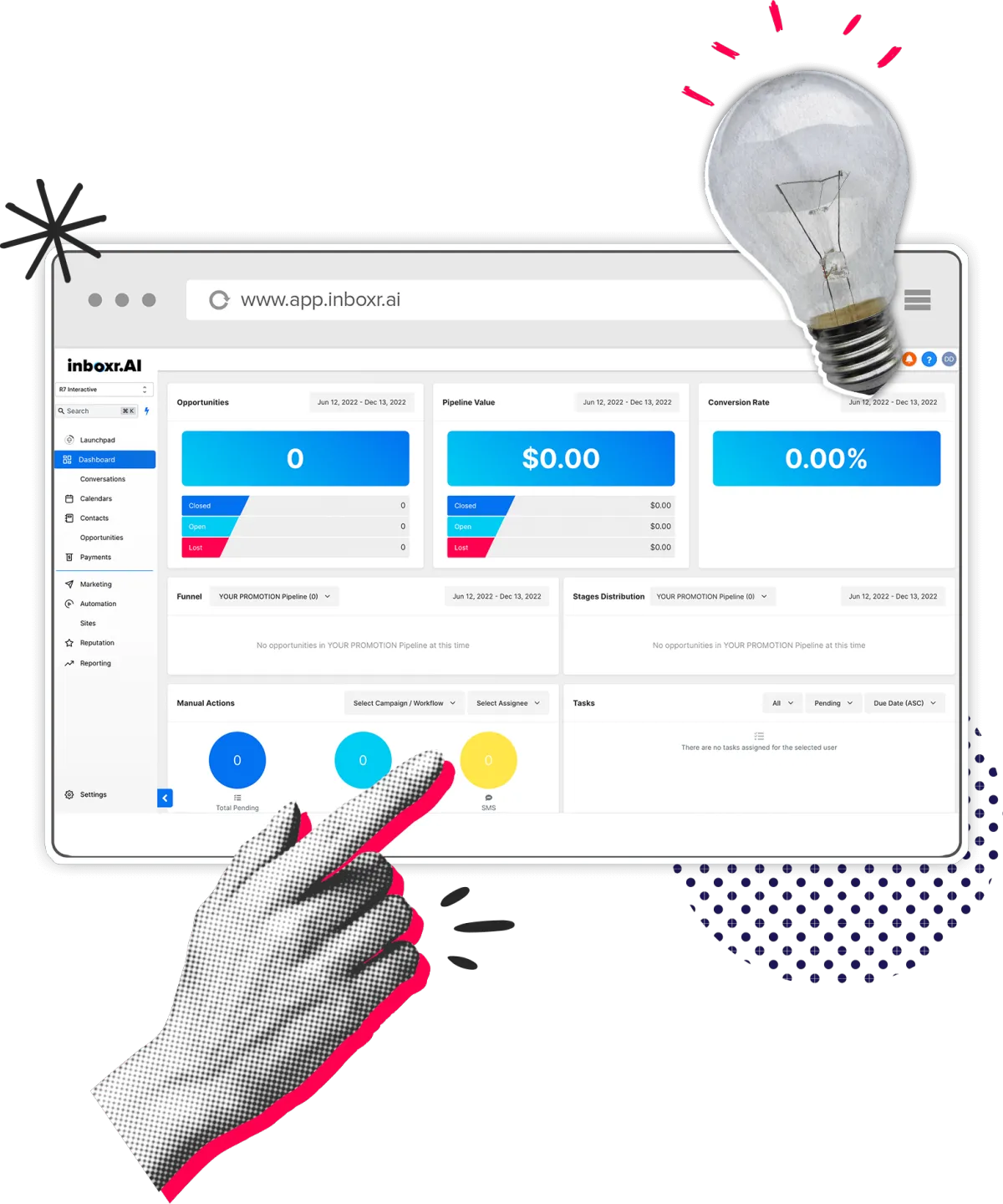 A hand pointing to a screenshot of the InboxrAI software dashboard.