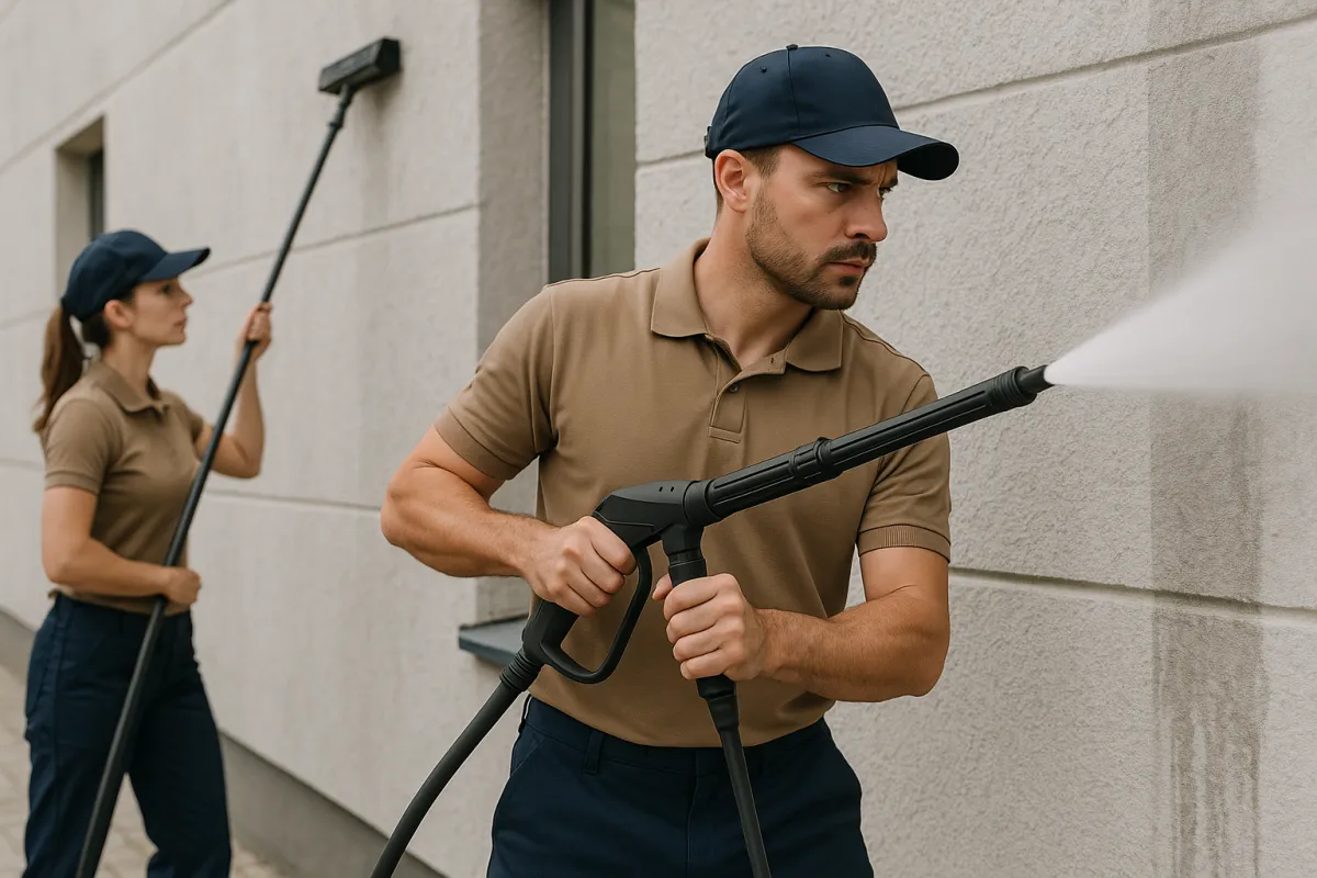 Professionelle Fassadenreinigung Freiburg - EC Gebäudereinigung Team mit Hochdruckreiniger