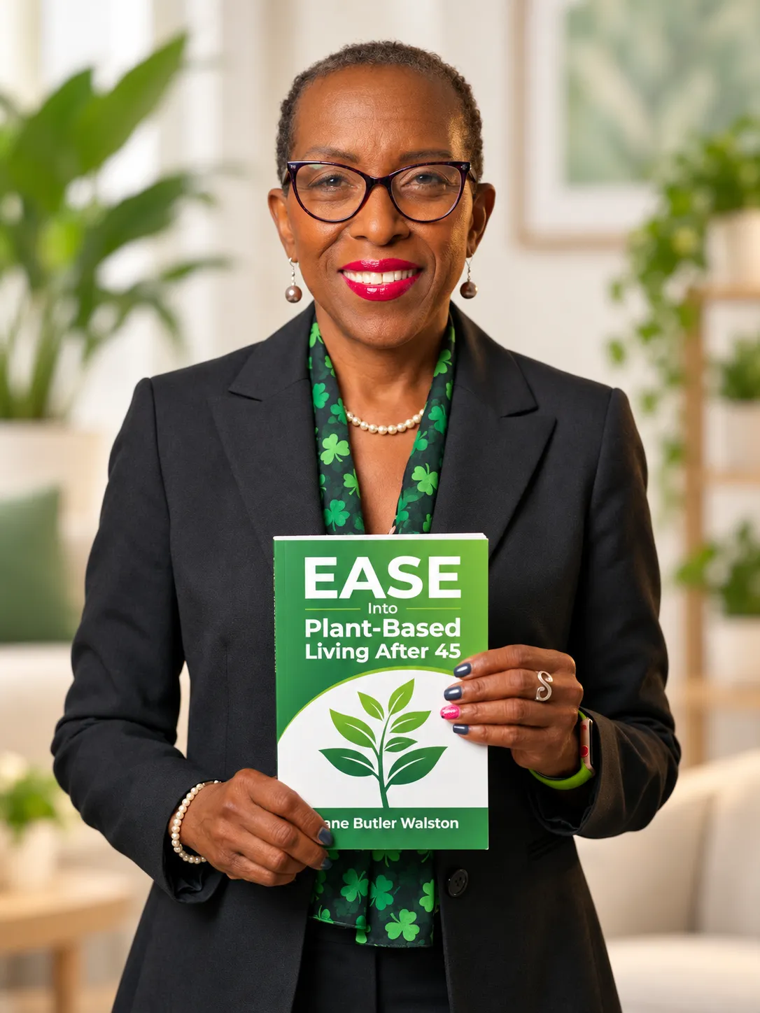 Diane Butler Walston holding her book EASE Into Plant-Based Living After 45