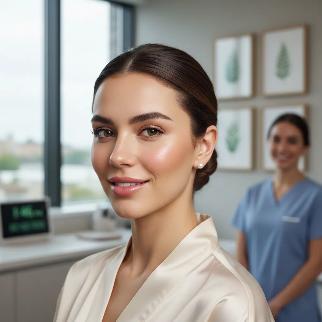 Certified female injector holding a syringe, isolated on a transparent background.