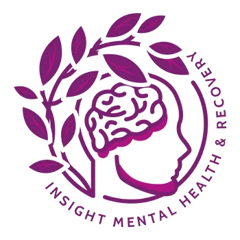 Insight Mental Health & Recovery logo featuring a stylized brain and profile surrounded by leaves, symbolizing mental health and recovery services.