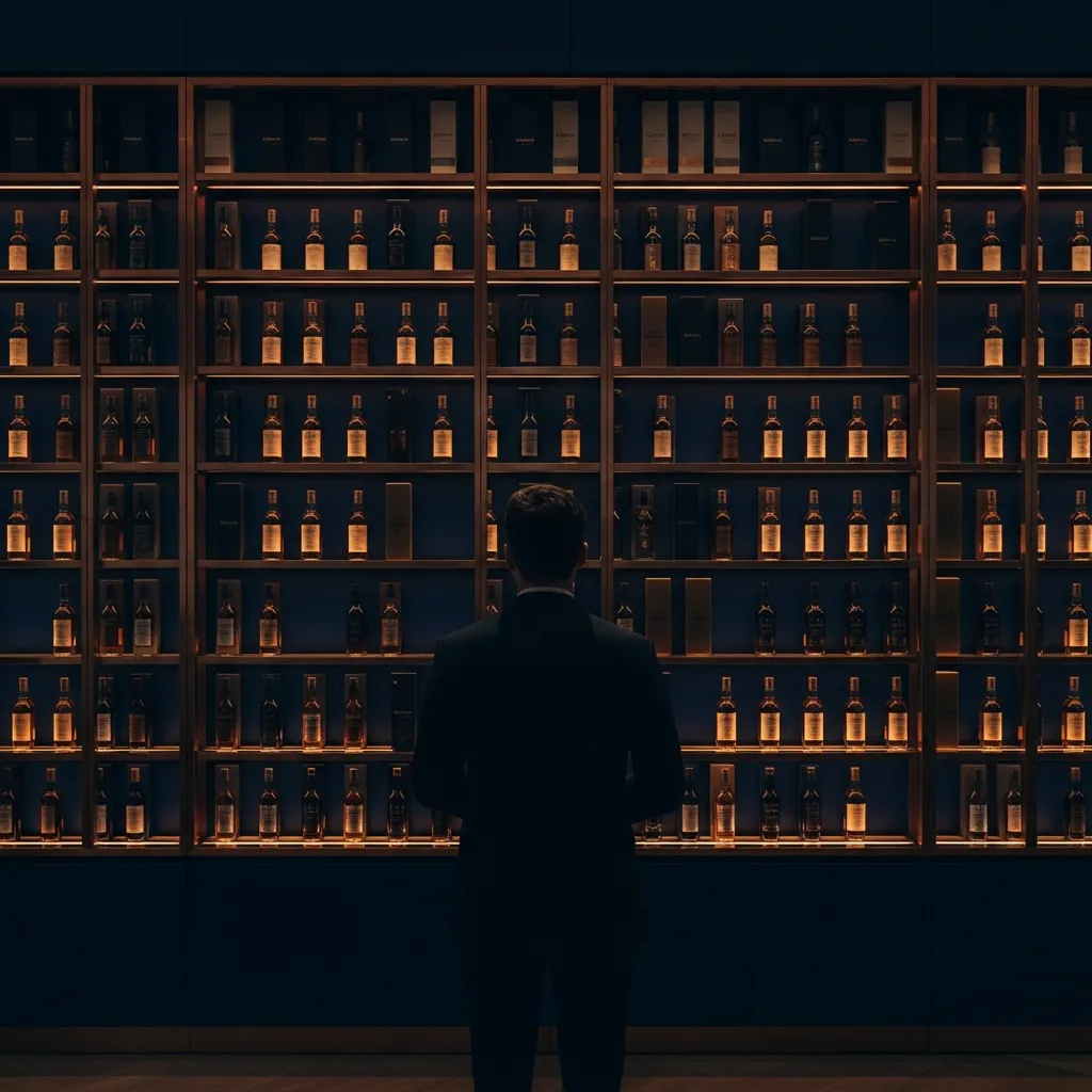 Atmospheric view of a whisky tasting setting, intimate and moody