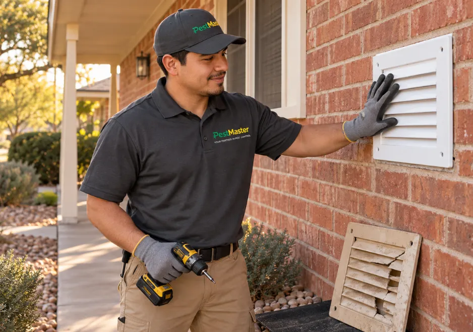 Damaged exterior vent cover being replaced on a San Angelo property