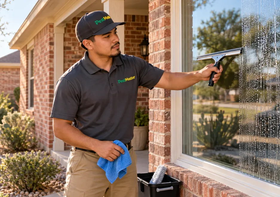 Technician cleaning the exterior windows of a San Angelo Texas property