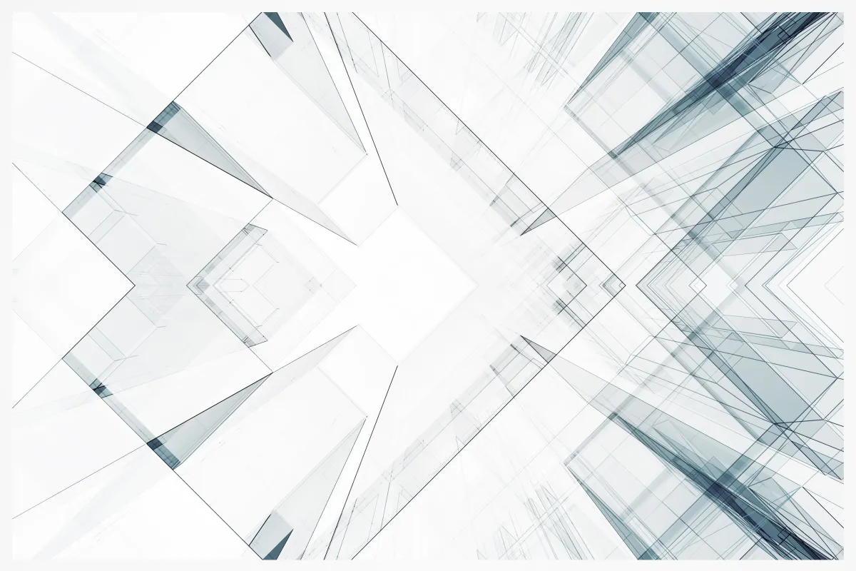 Translucent architectural wireframe with layered geometric planes and intersecting structural lines.