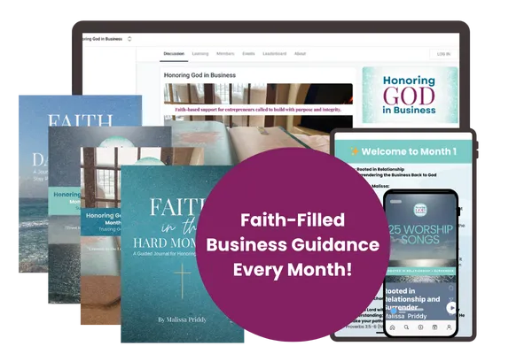 Image of Honoring God in Business membership materials including journals, digital access on desktop and mobile, and a badge that says 'Faith-Filled Business Guidance Every Month' with the headline 'Get a Full Year of Faith-Based Business Support for Just $97'