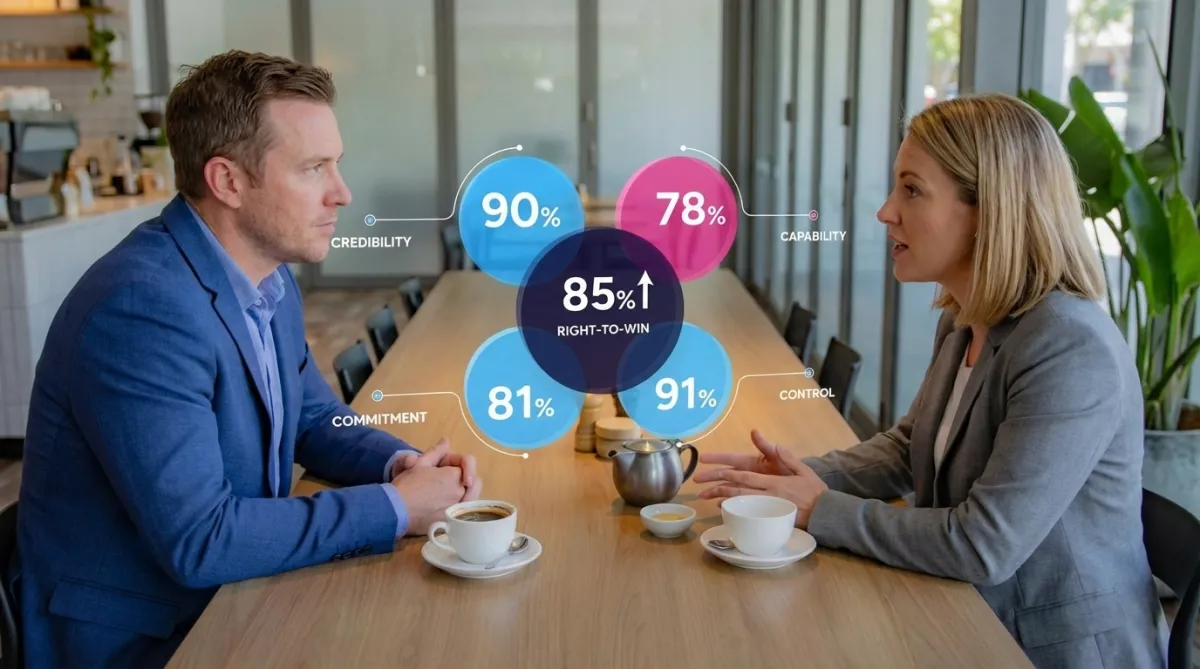 Experienced B2B leaders reviewing a Right-to-Win score measured across Credibility, Capability, Commitment and Control
