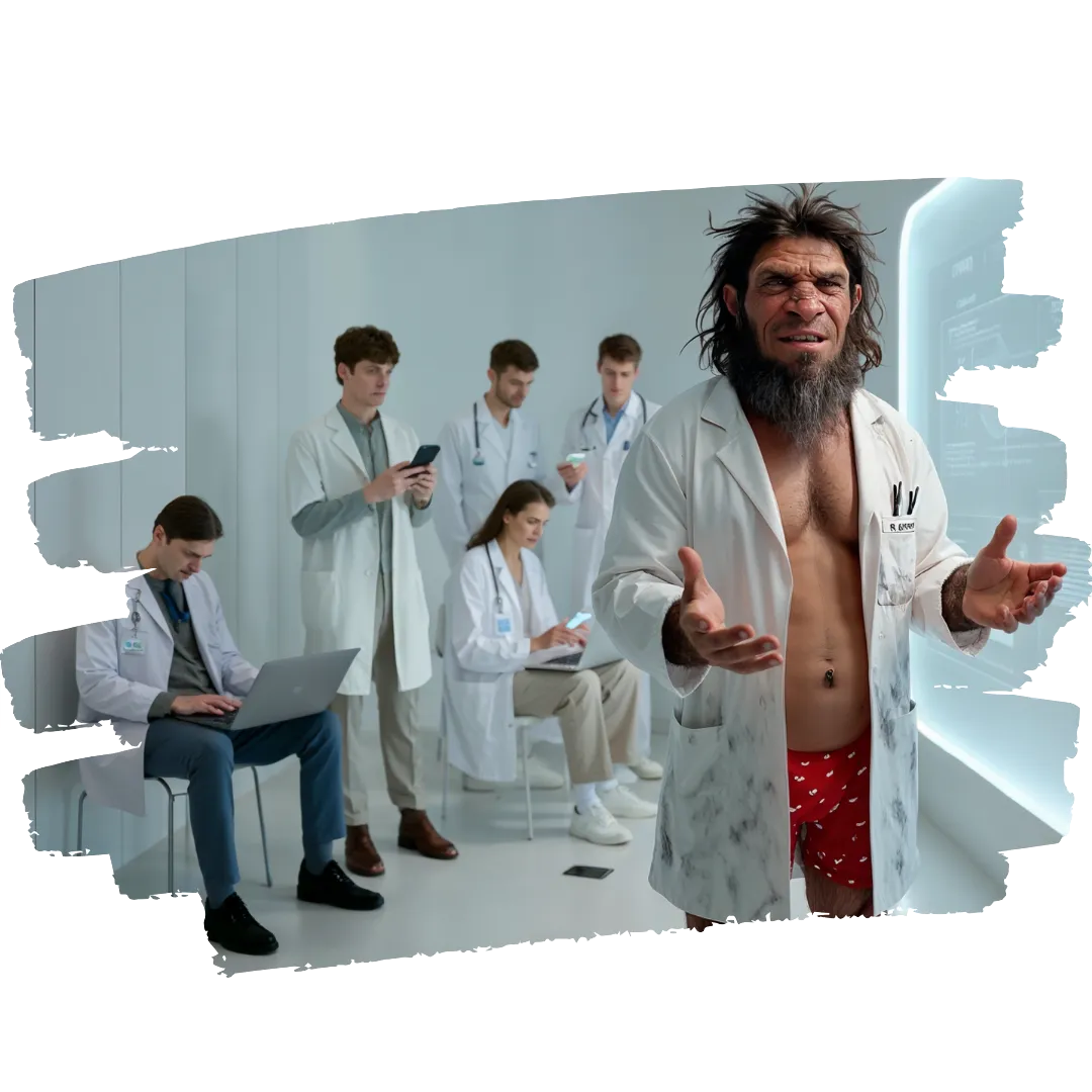 Un medico neandertal confundido porque sus compañeros residentes mas jovenes usan la inteligencia artificial y la tecnologia