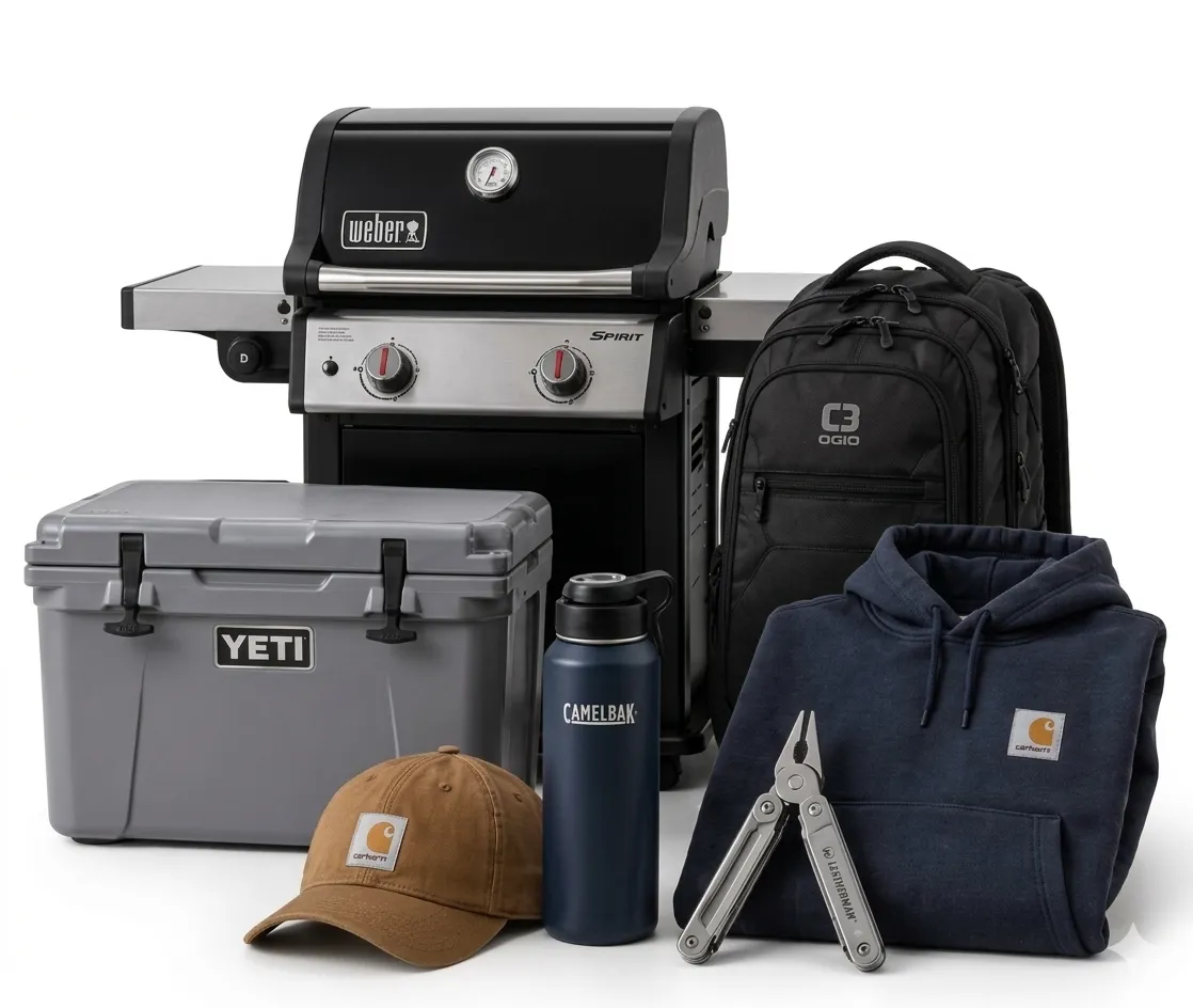 A cluster of premium physical prizes including a Weber grill, Yeti cooler, Ogio backpack, Carhartt hoodie and hat, Camelbak water bottle, and a multi-tool