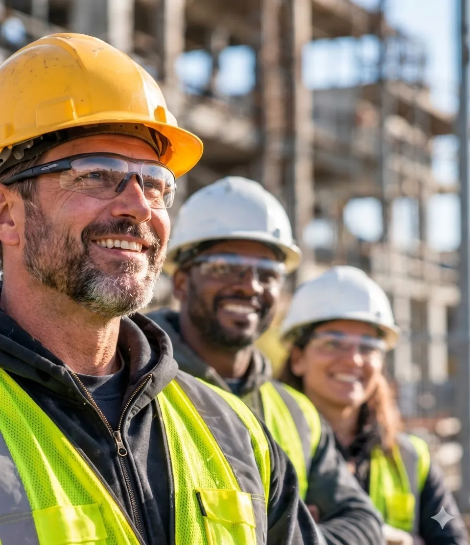Three diverse construction workers wearing hard hats, safety glasses, and high-visibility vests smiling together on a job site