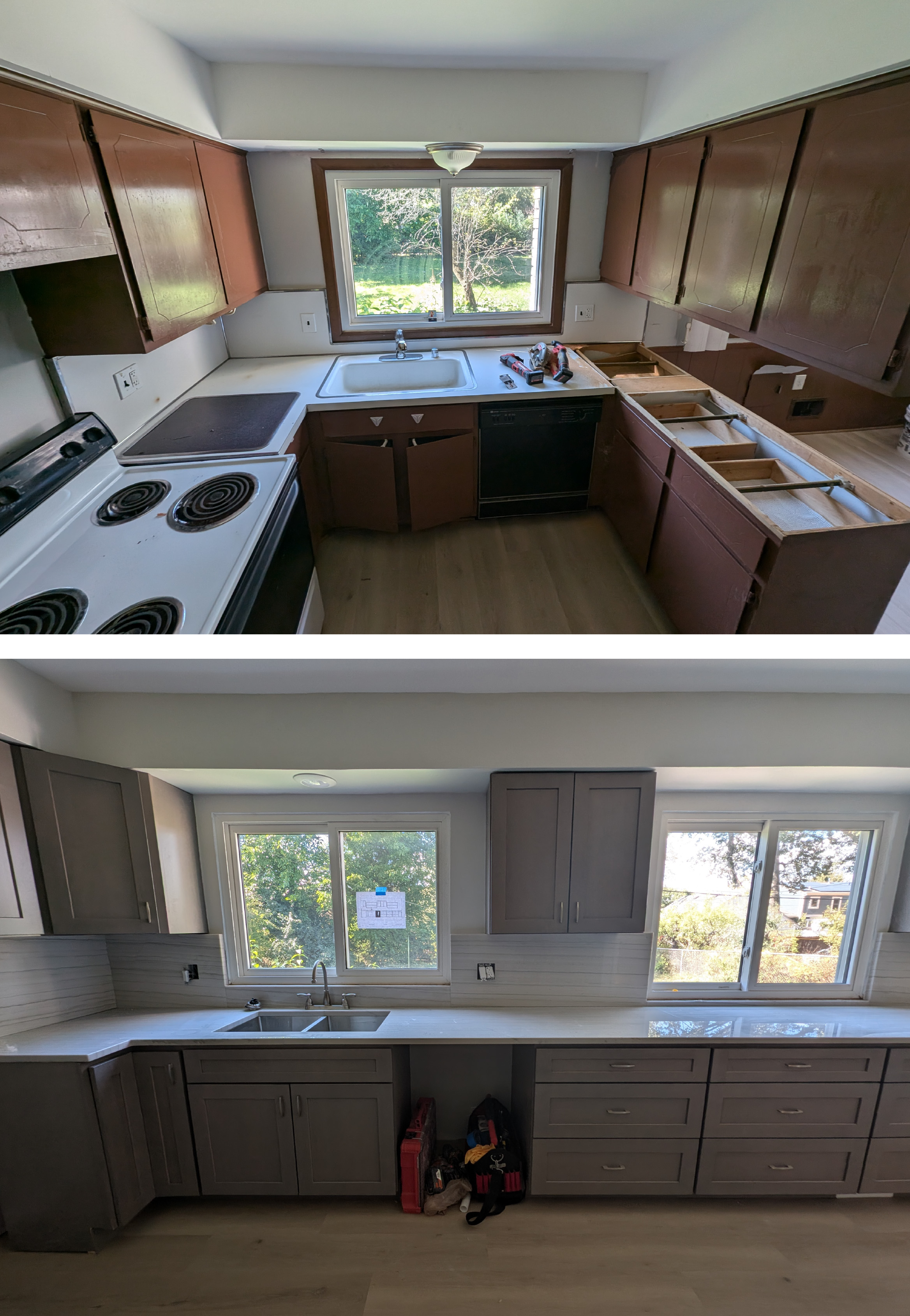Before-and-after living room transformation from carpet to engineered hardwood with clean transitions.