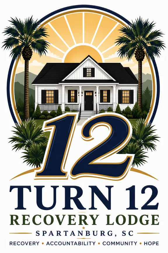 Turn 12 Recovery Lodge logo illustration with palm trees and sunrise, Spartanburg SC