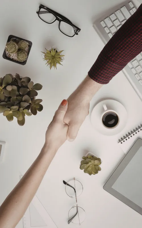 Two professionals shaking hands in a business meeting, symbolizing agreement and collaboration